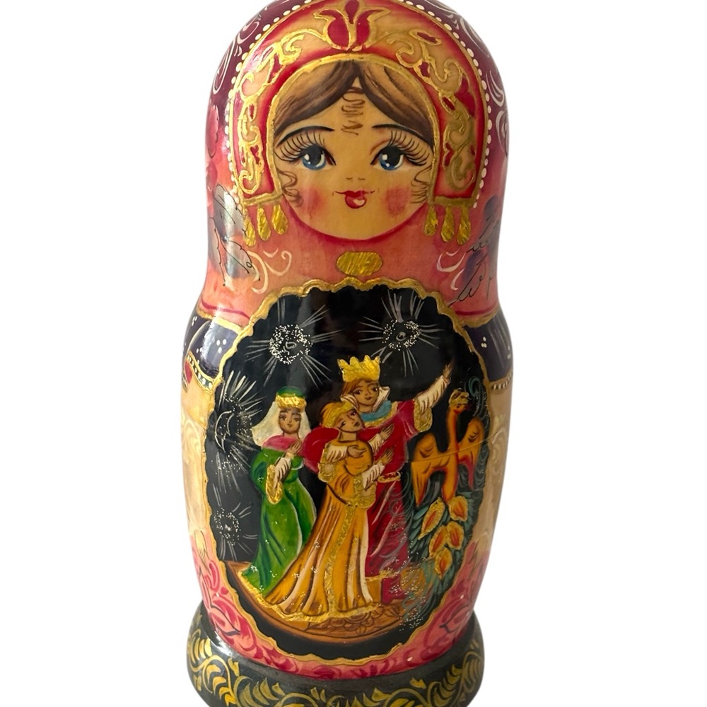 VINTAGE Russian Signed Matryoshka Fairytale 5 Wooden Hand Painted Nesting Dolls - Picture 4 of 7